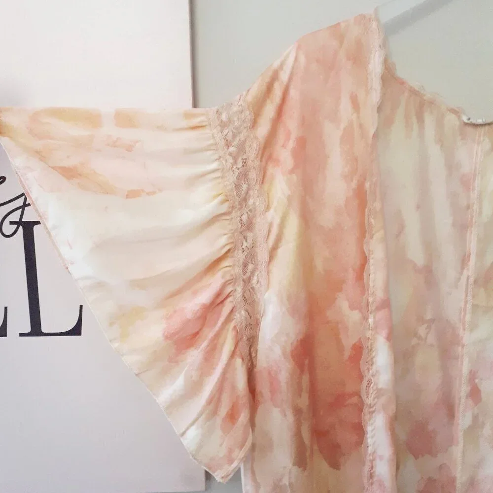 NWOT Free People abstract tie dye print satin effect & lace accent washed robe - Picture 16 of 16